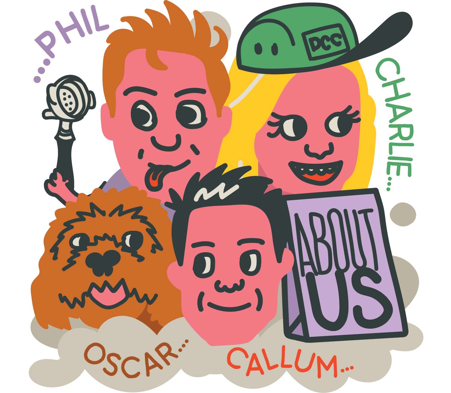 A cartoon of the three founders of Decaf Coffee Club and the dog Oscar.