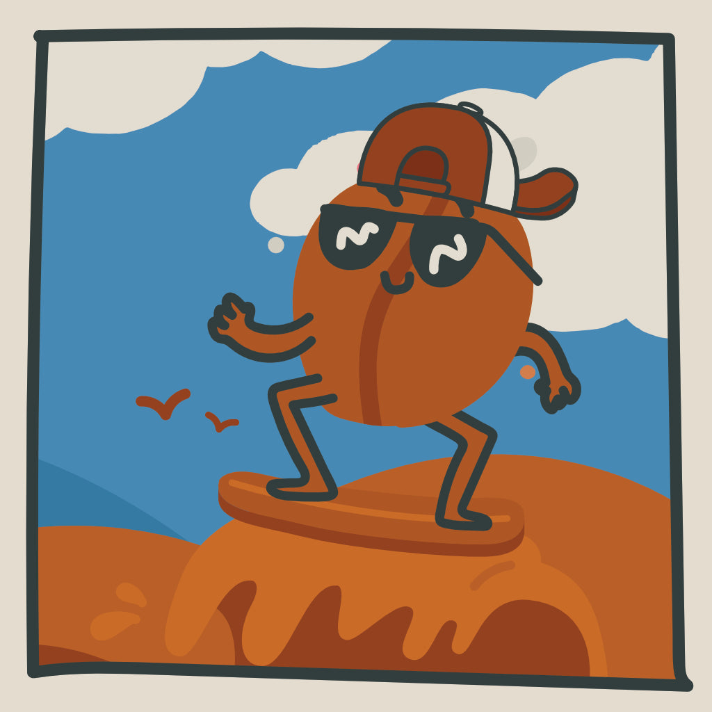 The Decaf Coffee Club character Chip, who is a coffee bean wearing a backwards baseball cap on a surfboard.