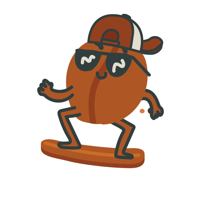 A cartoon of the decaf coffee club character Chip, a brown coffee bean wearing a backwards baseball cap and sunglasses, on a brown surfboard.