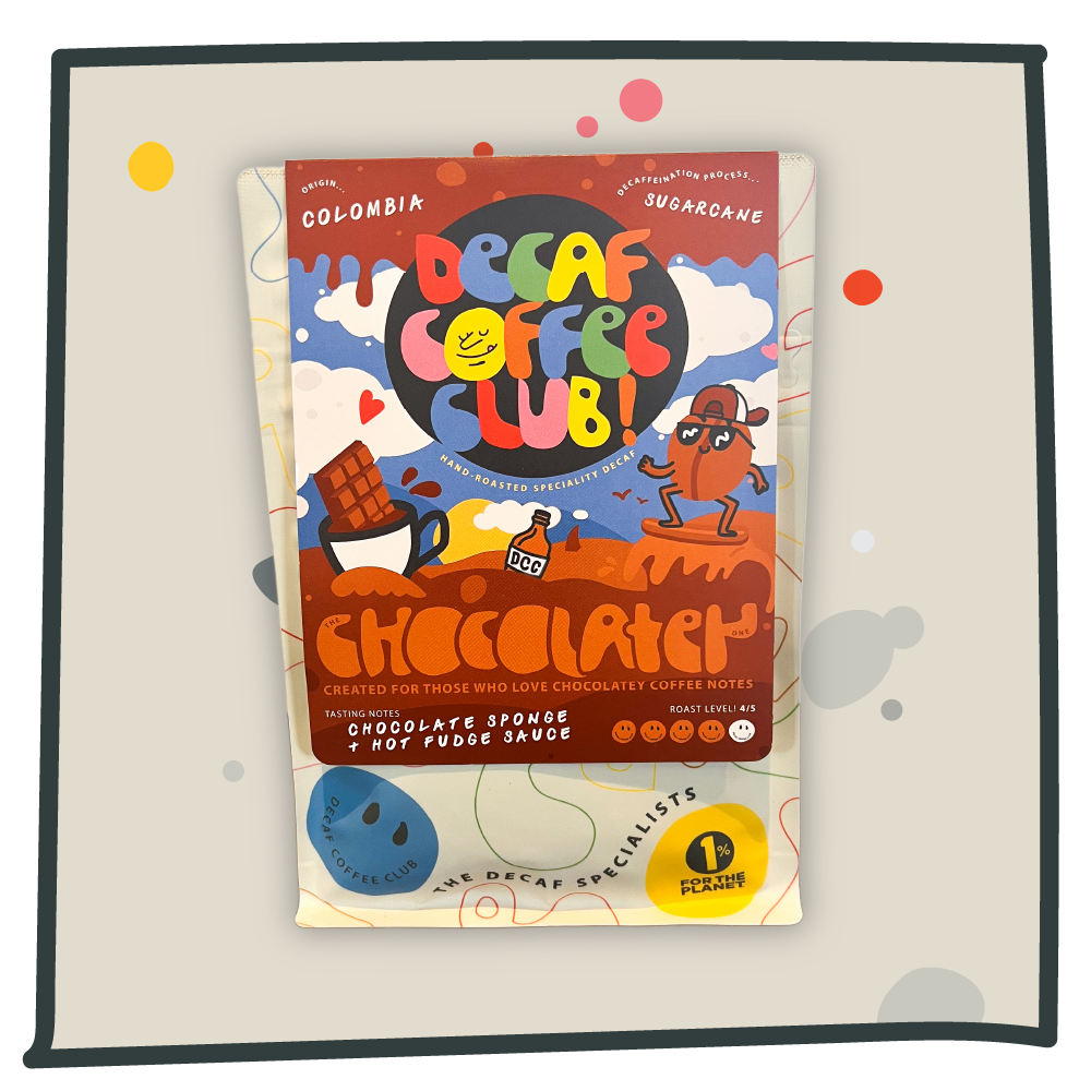 A photo of the pack of the Chocolatey One Decaf Coffee on a grey background.