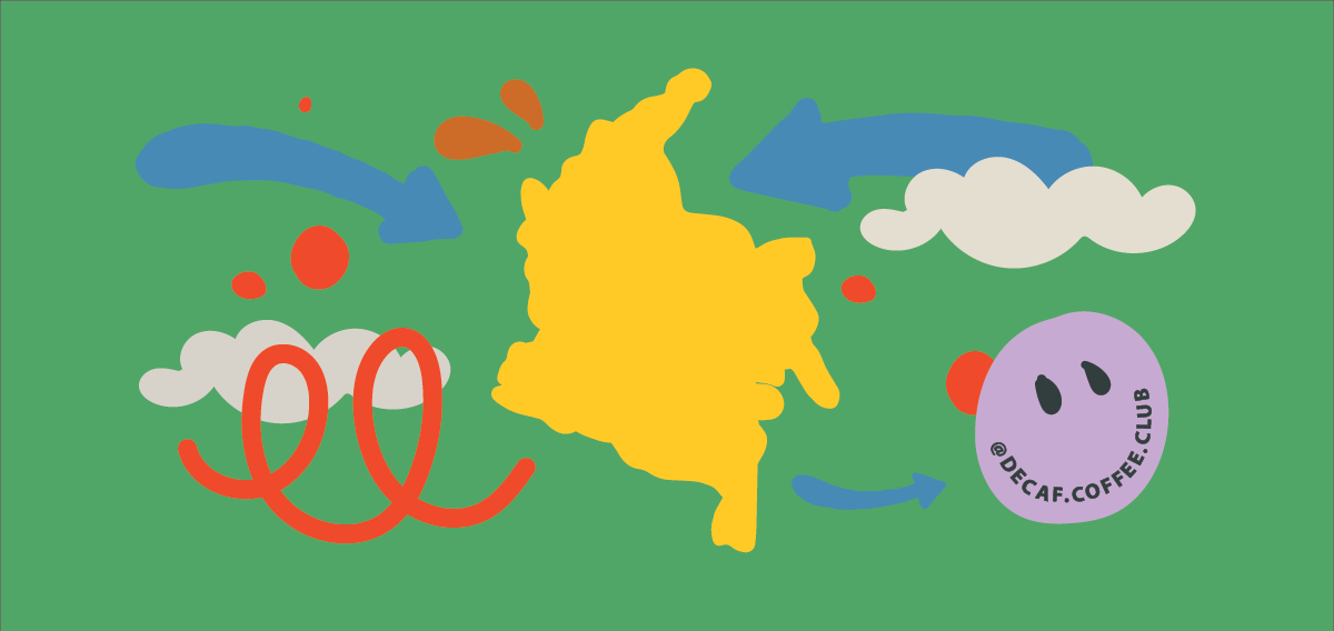 A cartoon image of Columbia with some arrows, clouds and other decorations around it, with a Decaf Coffee Club smiley face.