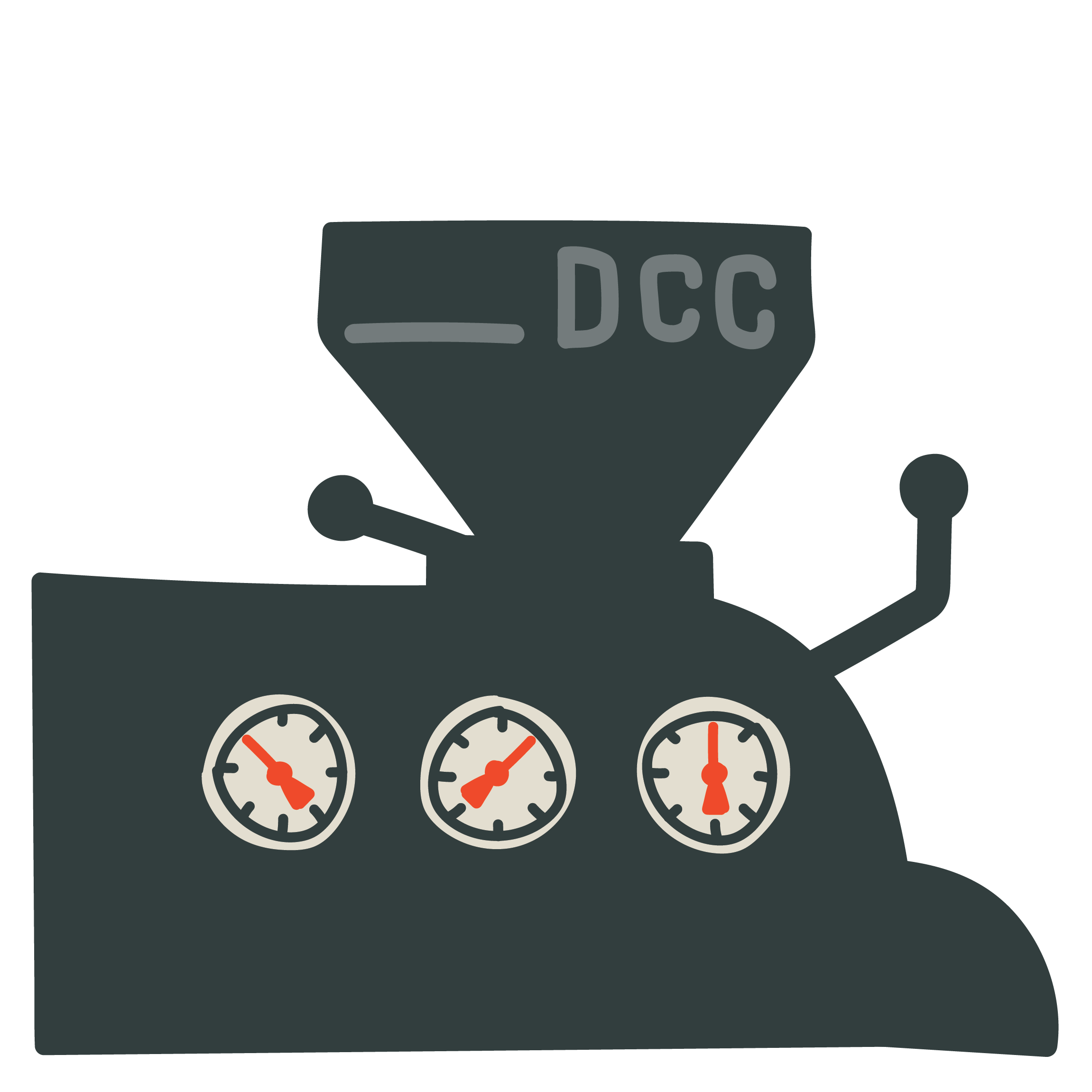 A black coffee roaster with three dials on it and the letters DCC, standing for Decaf Coffee Club.