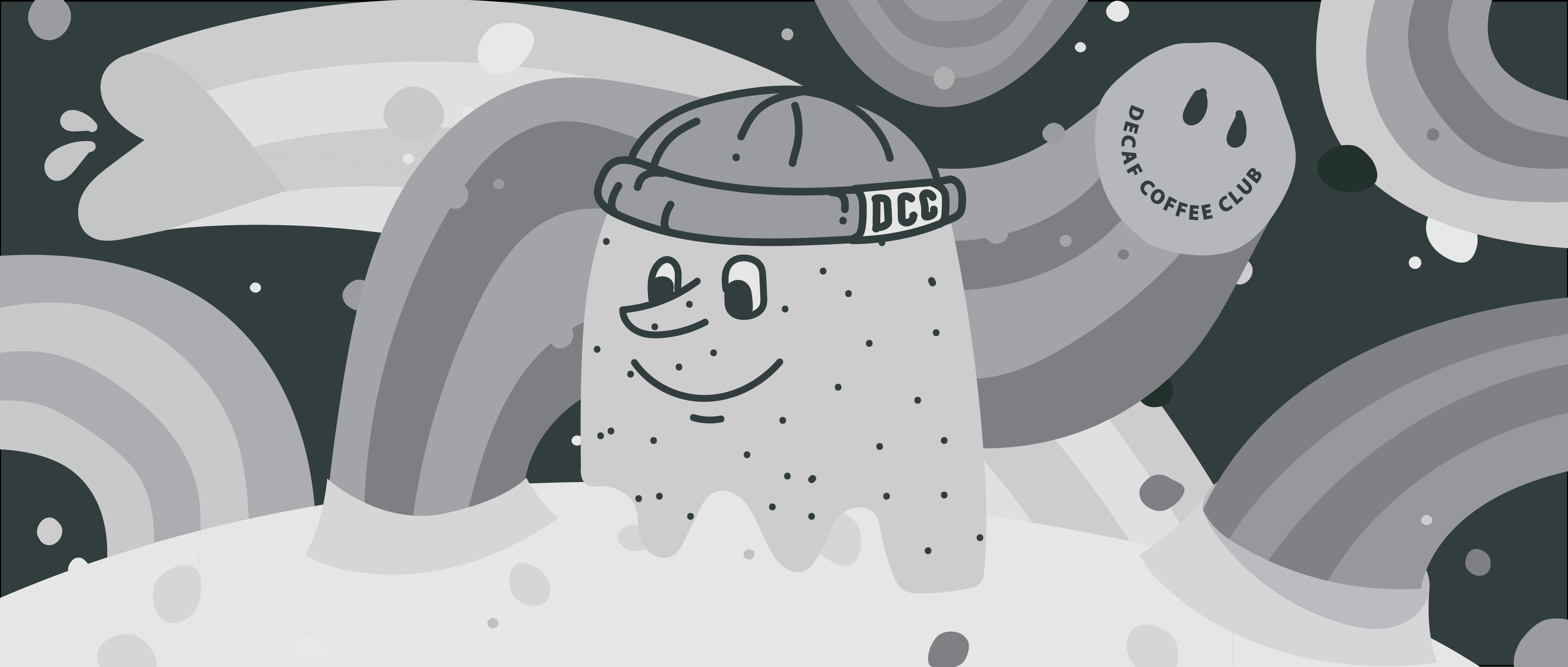 A fun sliding image which is black and white with lots of illustrations, when scrolled over it changes to colour and gets the words Decaf Coffee Club appear.