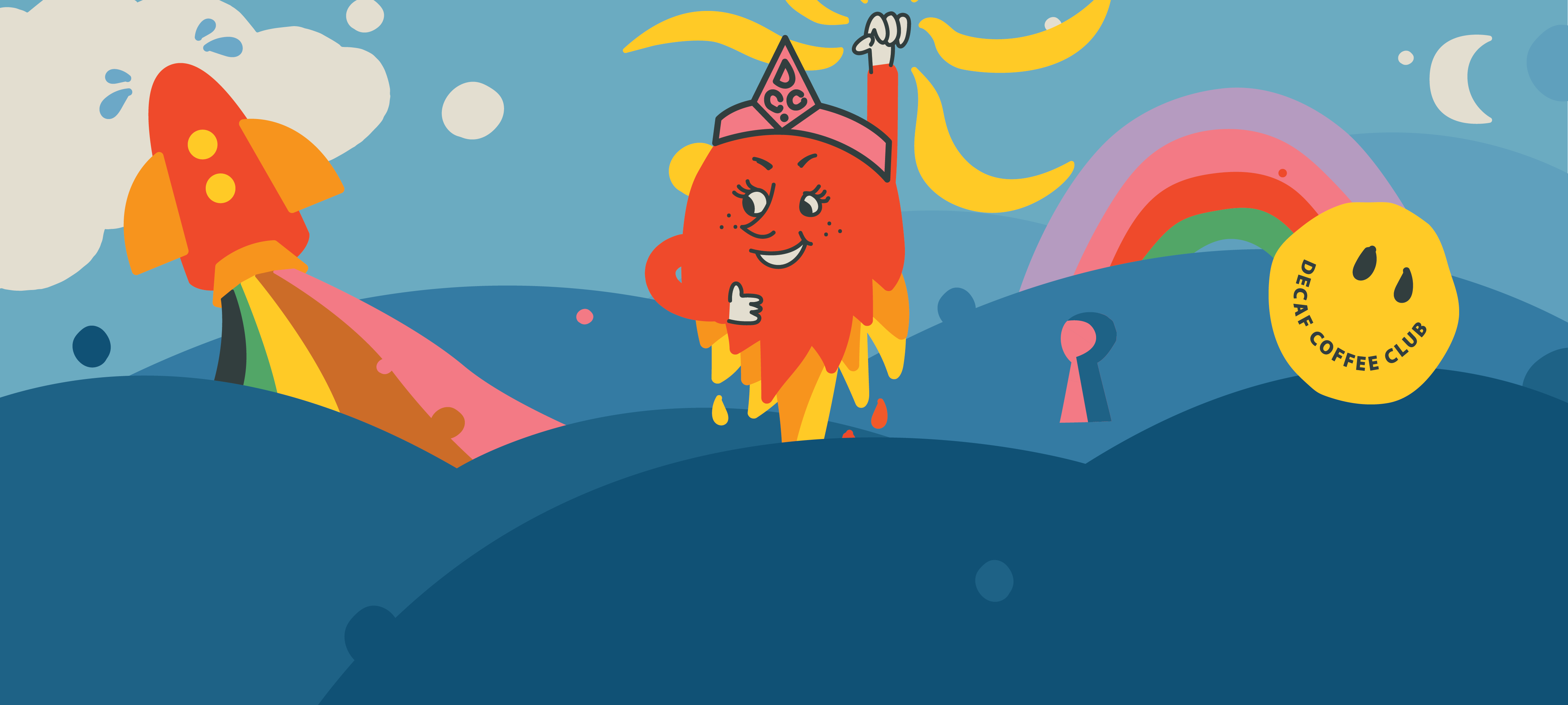 A cartoon image of Stevie the superhero surrounded by a brightly coloured rocket, rainbow and a yellow smiley face with a mouth saying Decaf Coffee Club
