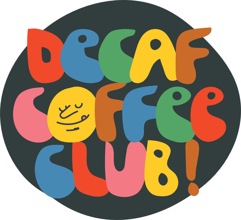 The Decaf Coffee Club Logo - multicoloured on a black background.