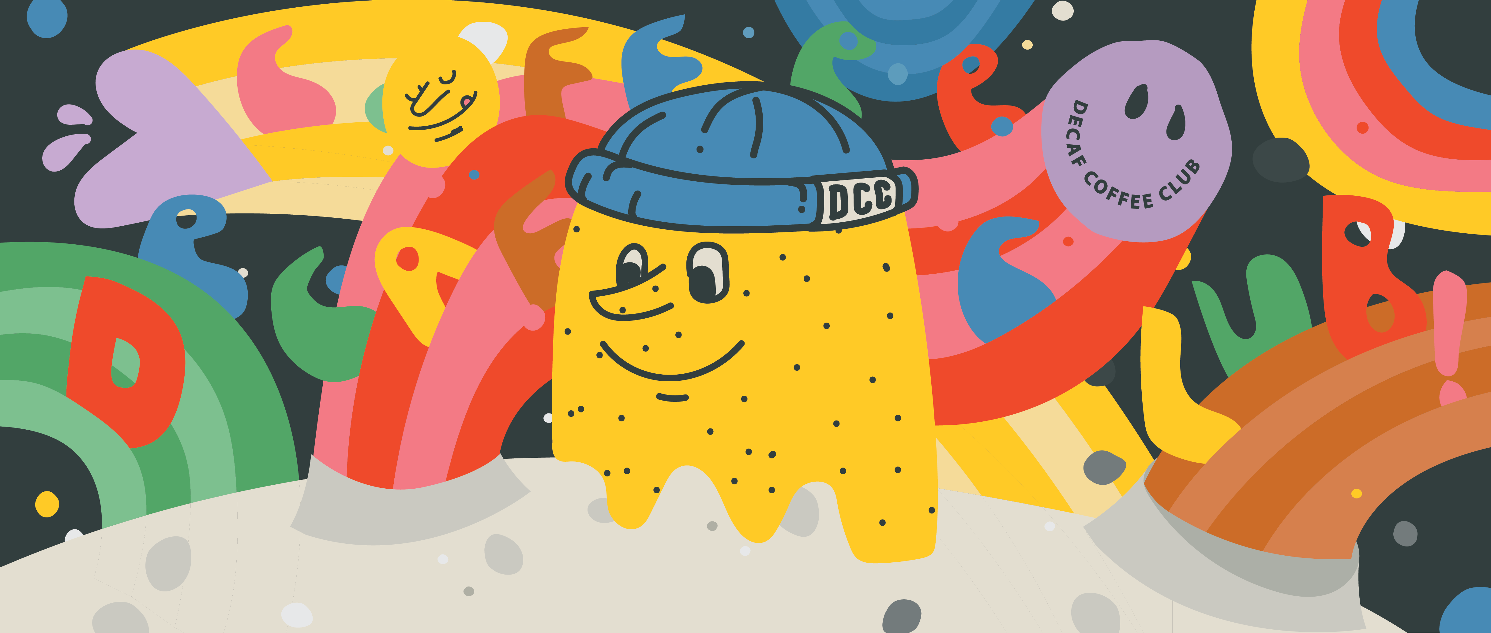 A fun, bright cartoon image of lots of colourful swoops with the words Decaf Coffee Club in the background and the character Rhys in the foreground who is yellow wearing a blue roll knit cap
