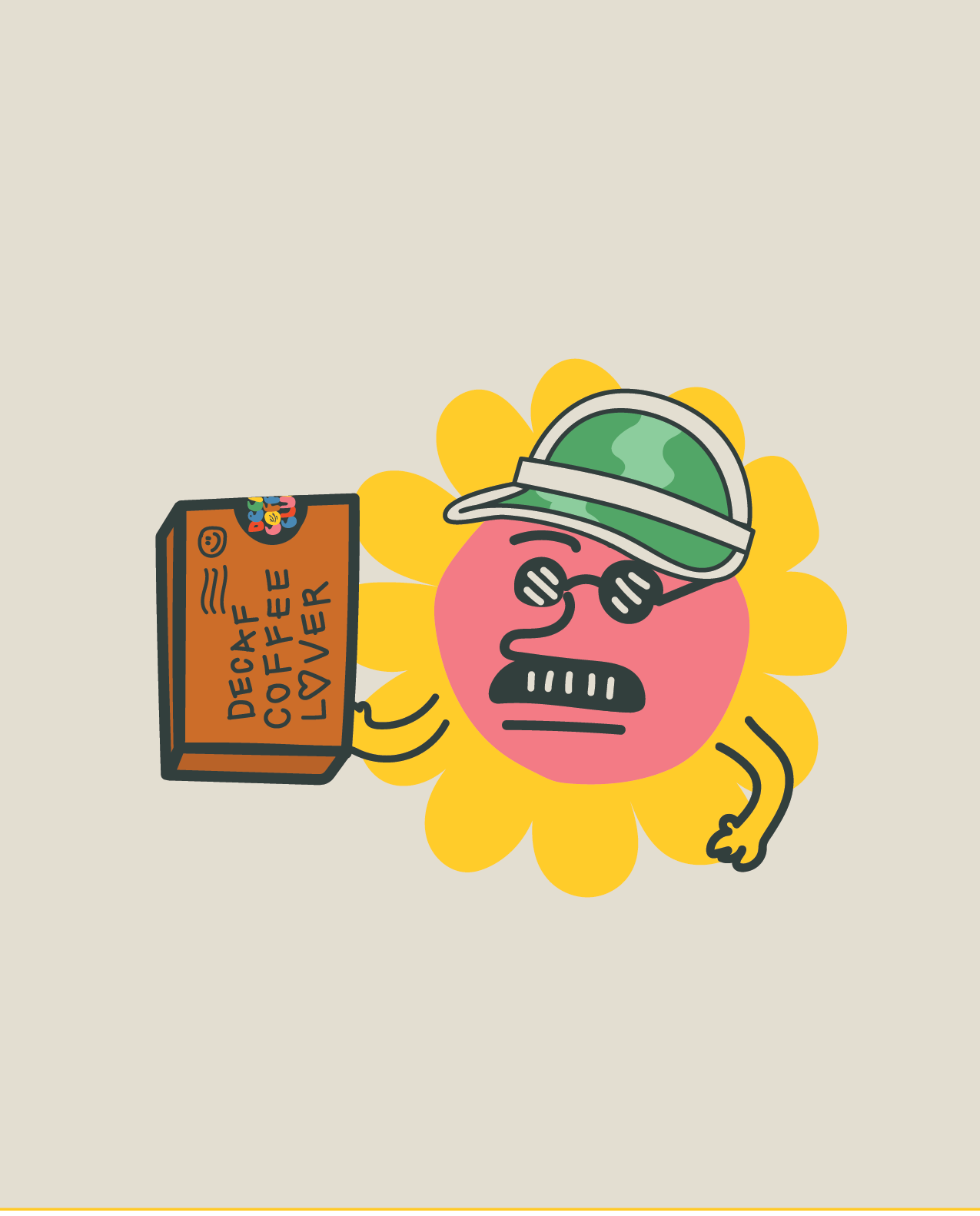 The cartoon character Laurence holding a brown parcel with the words Decaf Coffee Lover written on it