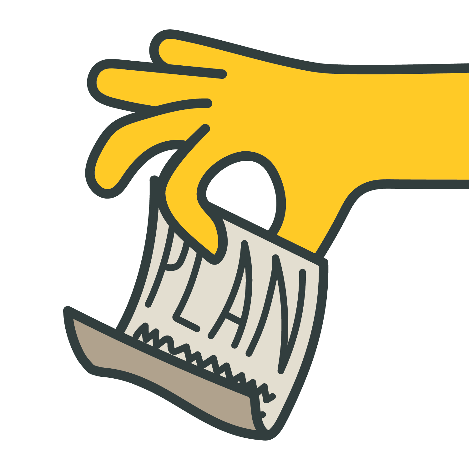A cartoon yellow hand holding a piece of paper with the word plan written on it