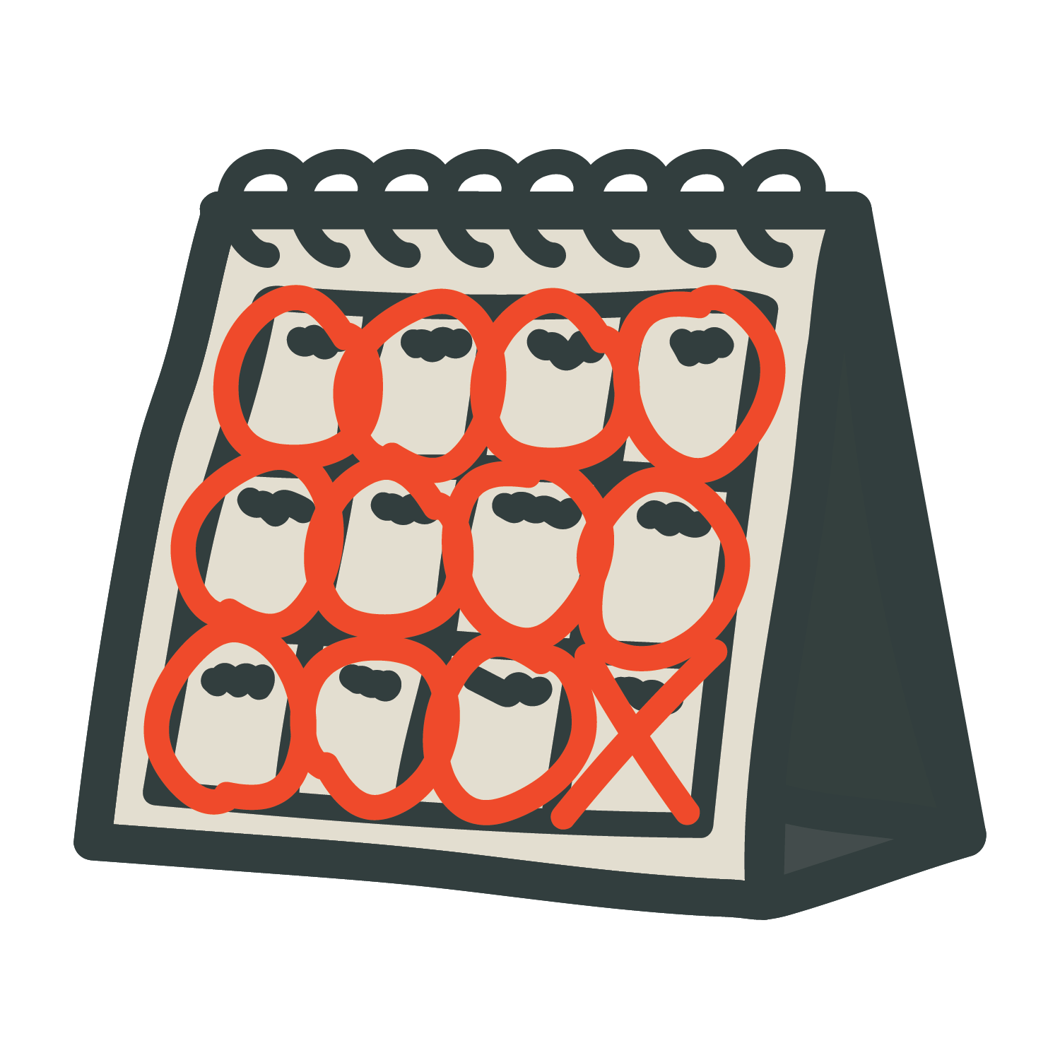 A cartoon image of a flip calendar with dates circled in red and the last one crossed in red.