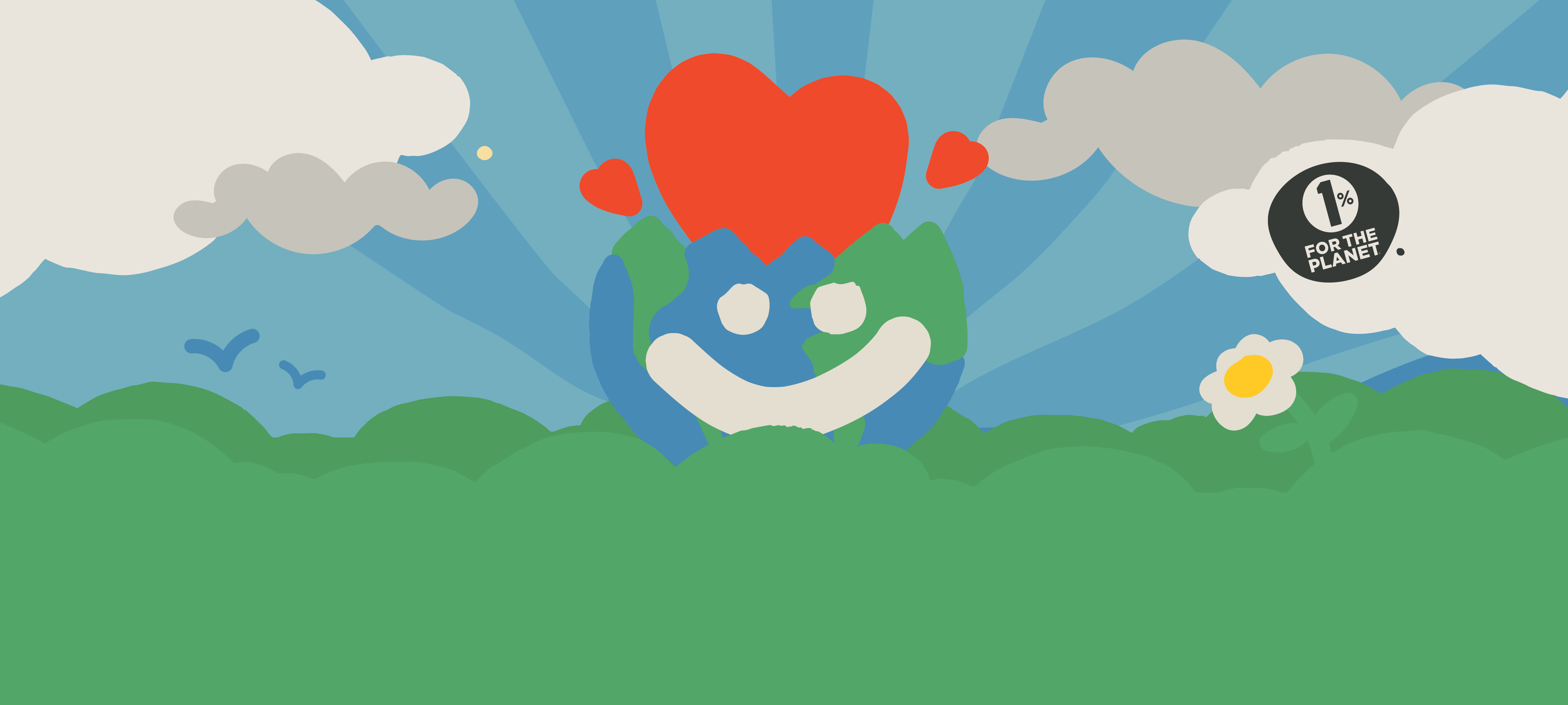 A sky and grass coloured cartoon image with a happy smiling earth with a heart coming out of it. A 1% for the planet logo is in a cloud.