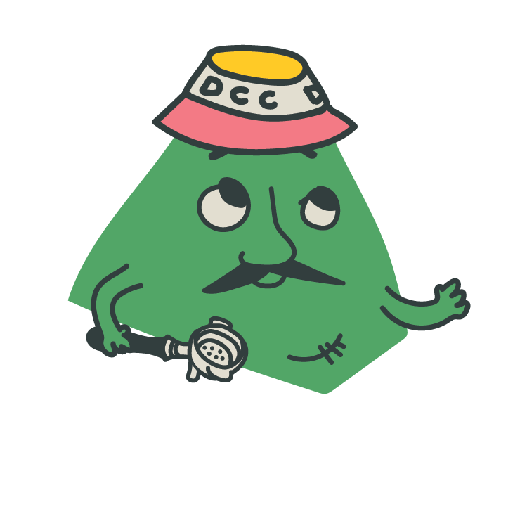 The Decaf Coffee Club character Eric, a green triangular shape with a moustache holding a portafilter. He's wearing a pink and yellow bucket hat with the letters CC on it.