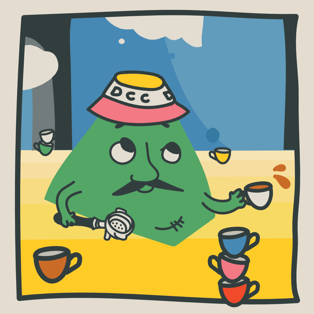 Eric the Decaf Coffee Club Character holding a portafilter and an espresso cup in a bright cartoon style image
