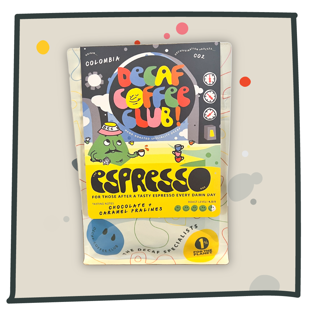 A picture of the espresso one decaf coffee bag on a grey background.