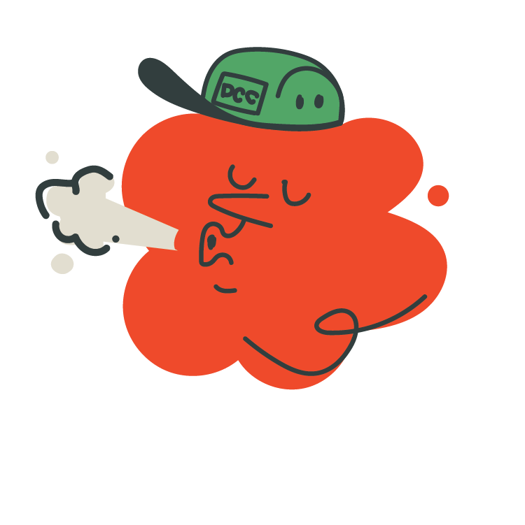 The Decaf Coffee Club character Frank, a cartoon red blob blowing out steam, wearing a green baseball cap with DCC on it.