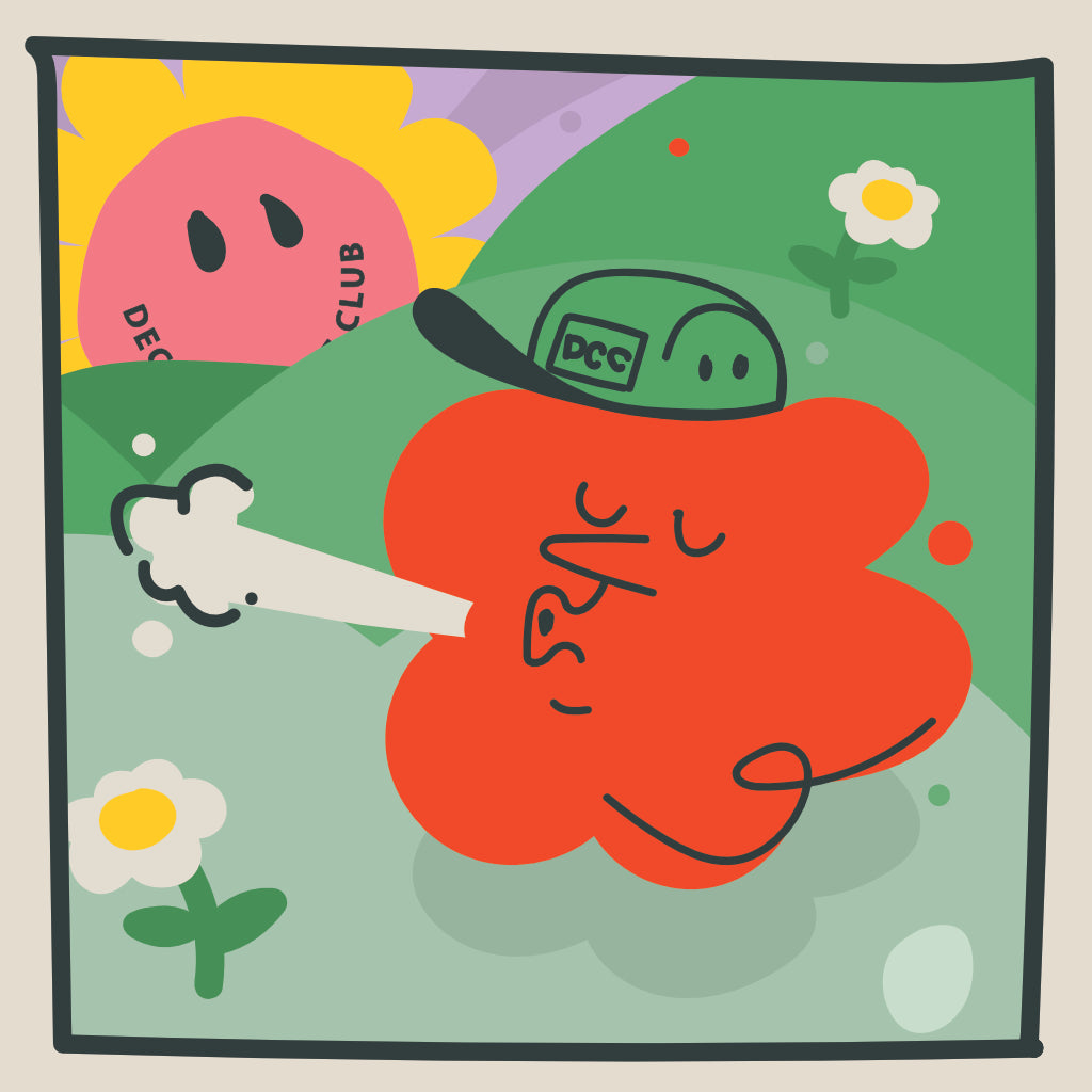 Frank the Decaf Coffee Club character blowing out a big breath whilst wearing a green DCC cap
