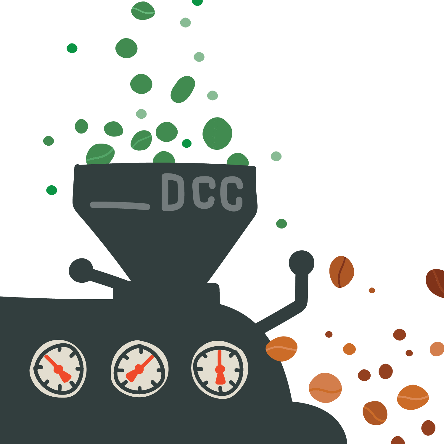 A cartoon image of a black coffee roaster with green beans going in the top and brown ones coming out of the side, and 3 white dials on the machine.