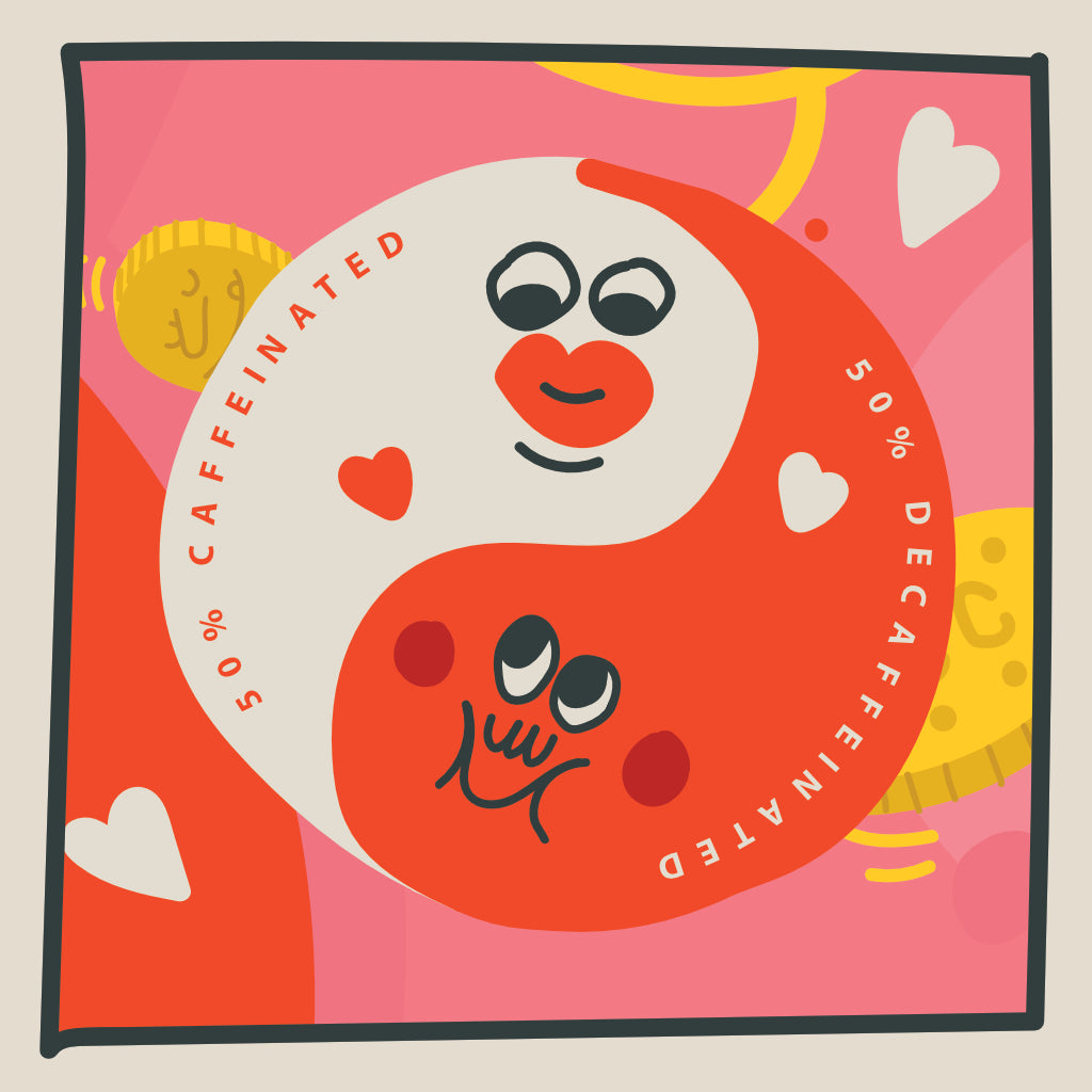 The Decaf Coffee Club characters Hetty and Harold, in a yin yang design of red and white with hearts in the background.