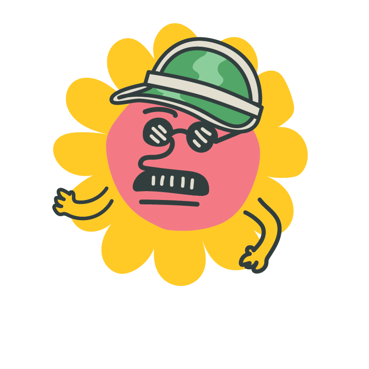 The Decaf Coffee Club character Laurence, who has a yellow flower background and wearing a green visor. He's wearing sunglasses and has a heavy black moustache.