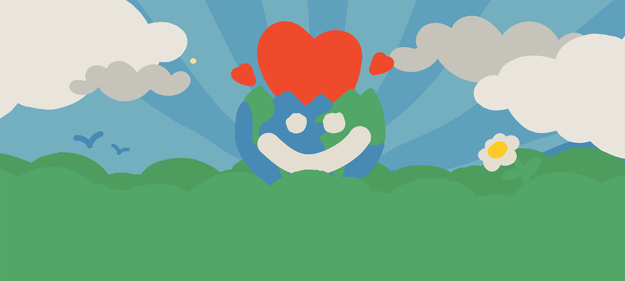 A cartoon landscape with a smiling earth with a red heart bursting out of its head.