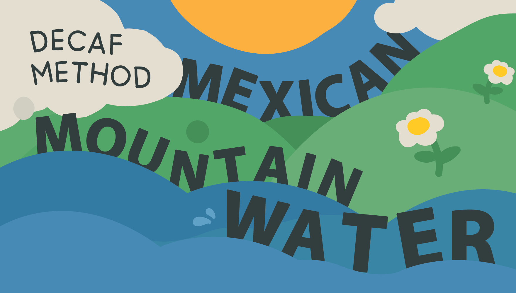 A cartoon of water and hills and sky with the words Decaf Method Mexican Mountain Water on them.