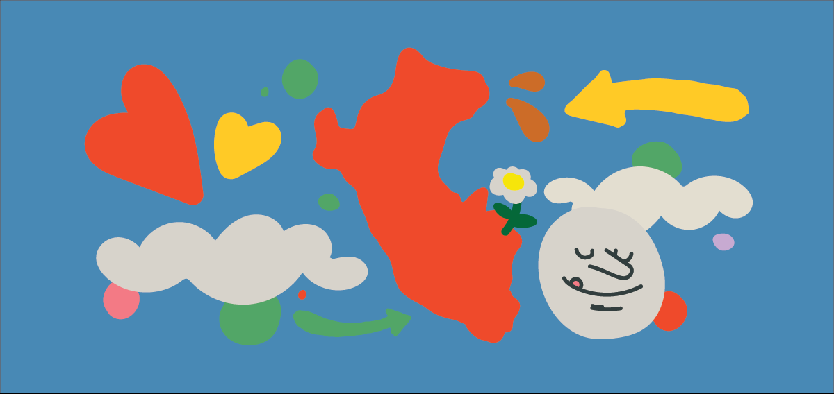 A cartoon image of the country Peru, with cartoon images of hearts, splashes, clouds and a flower with a grey smiley face off to the side.