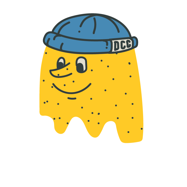 The Decaf Coffee Club character Rhys, a yellow spotty shape wearing a blue rolled hat with a label with the letters DCC on it.