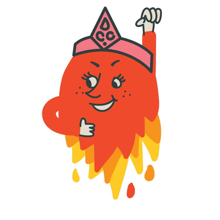 A cartoon image of Stevie, the Decaf Coffee Club character. She is red and has her fist in the air, superhero style, and is wearing a pink headband