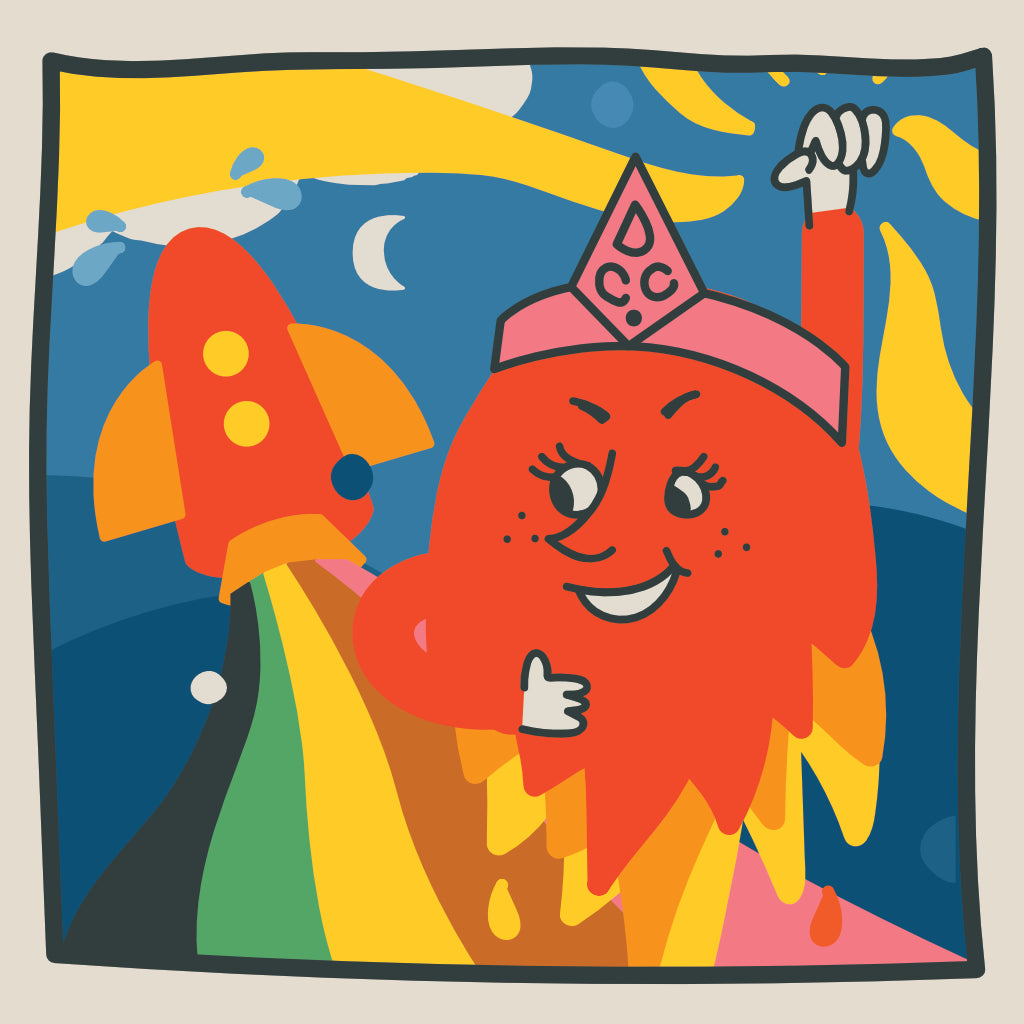 The cartoon character Stevie, a red superhero with her arm in the air and a bright cartoon rocketship behind her