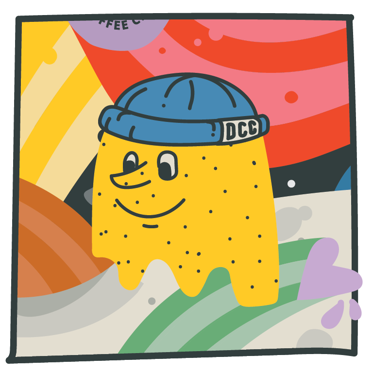 Rhys, the Decaf Coffee Club character on a background of stipes and colour.