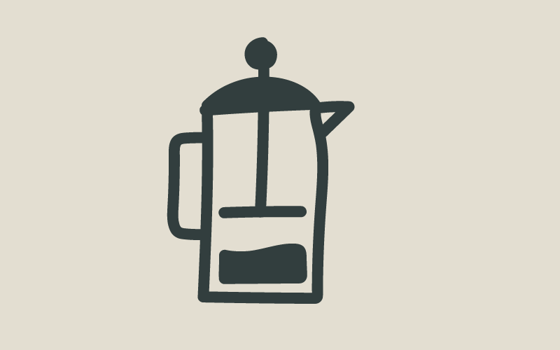 A cartoon image of a cafetiere or french press with coffee