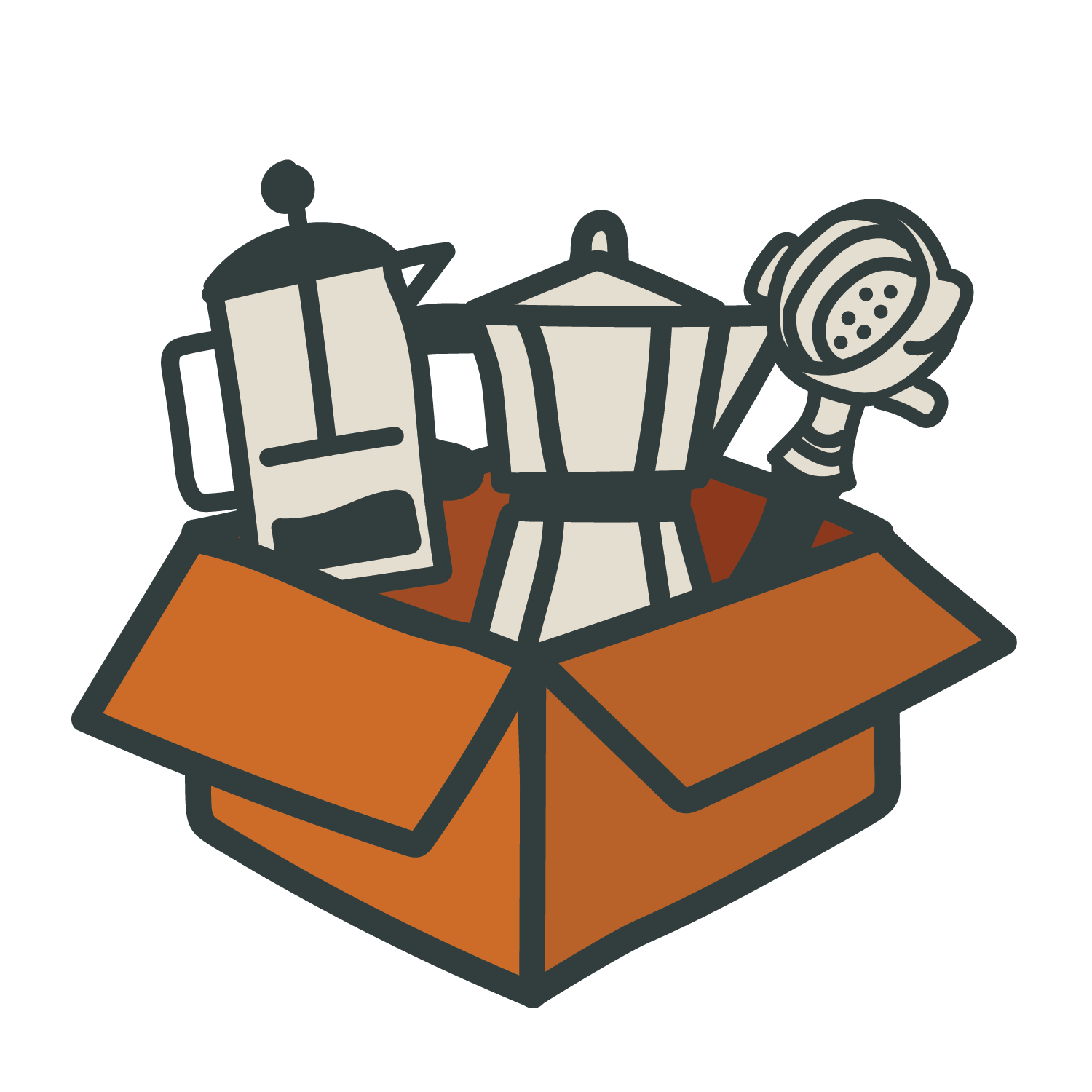 A cartoon brown box with a portafilter, moka pot and a cafetiere or french press inside it.