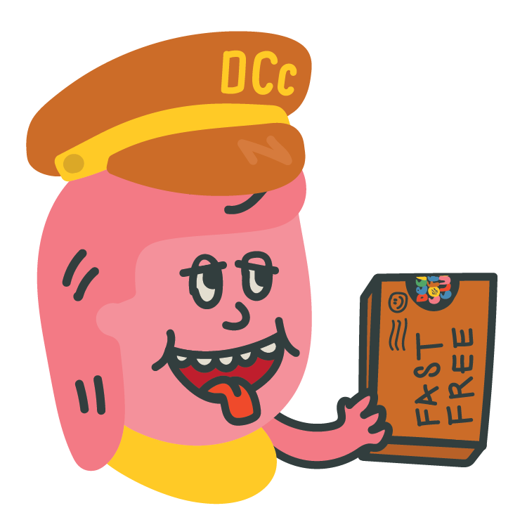 A pink cartoon character wearing a brown postal hat with the letters DCC on it, holding a brown parcel with the words fast free on it.