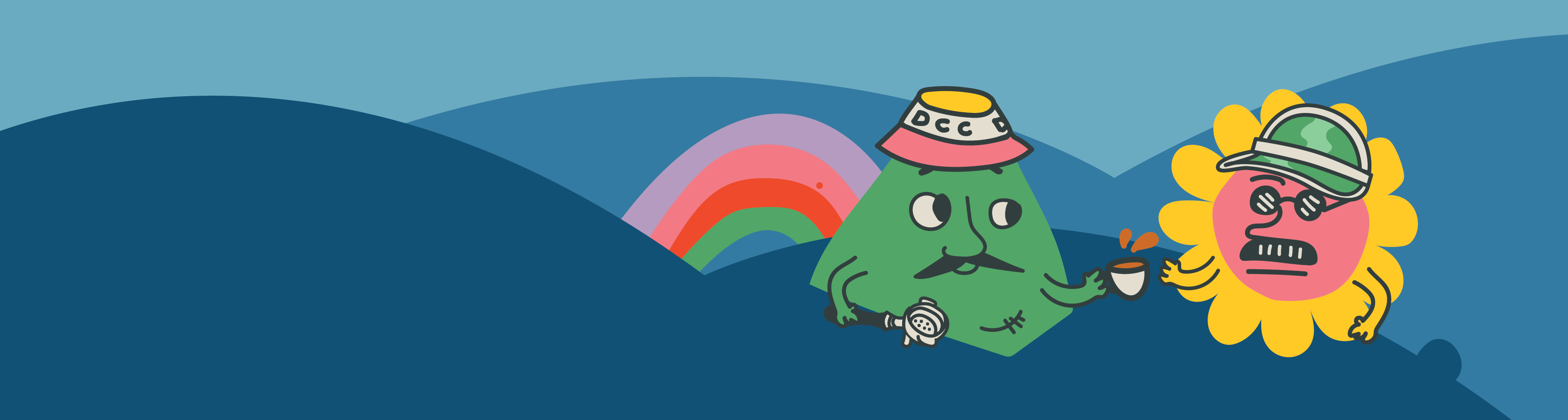 The Decaf Coffee Club characters Eric and Cris on a blue background with a rainbow.