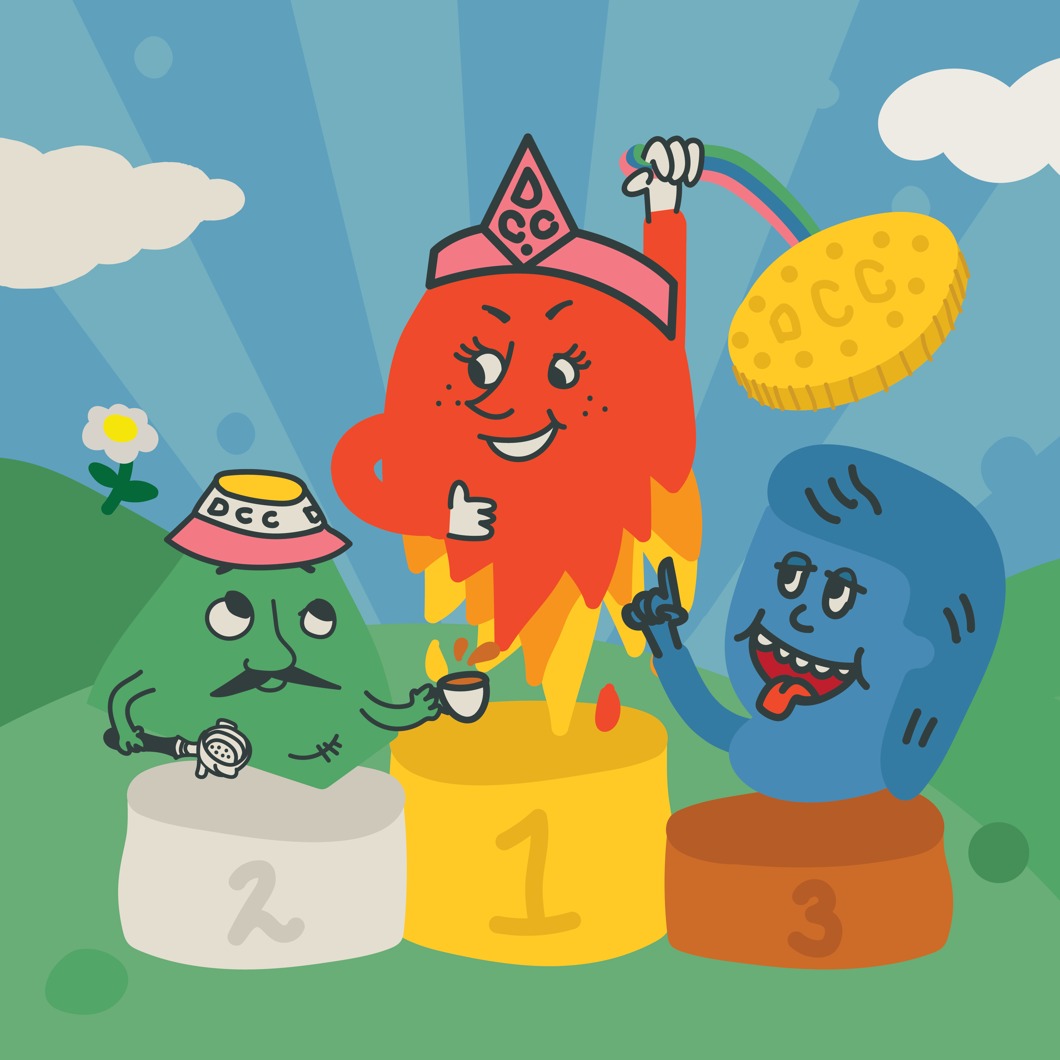 Three of the Decaf Coffee Club characters, Otto, Stevie and Eric on podiums in a cartoon landscape.