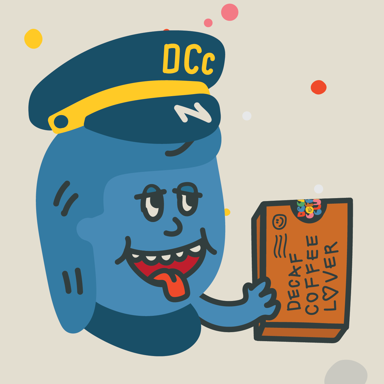 A bright cartoon image of Otto wearing a DCC postmans hat holding a parcel that is from Decaf Coffee Club addressed to a Decaf Coffee Lover.