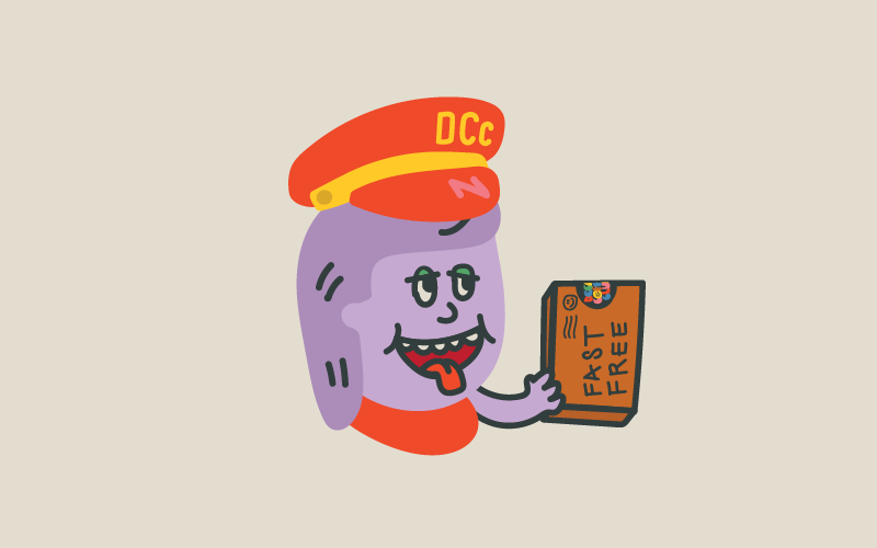 A purple version of the Decaf Coffee Club character Otto, wearing a red post hat holding a cardboard box with the words fast free on it.