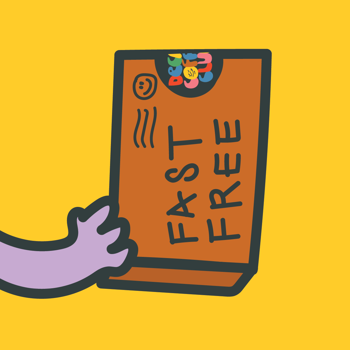 A cartoon purple arm holding a brown cardboard box with the words fast free written on it, all on a yellow background.