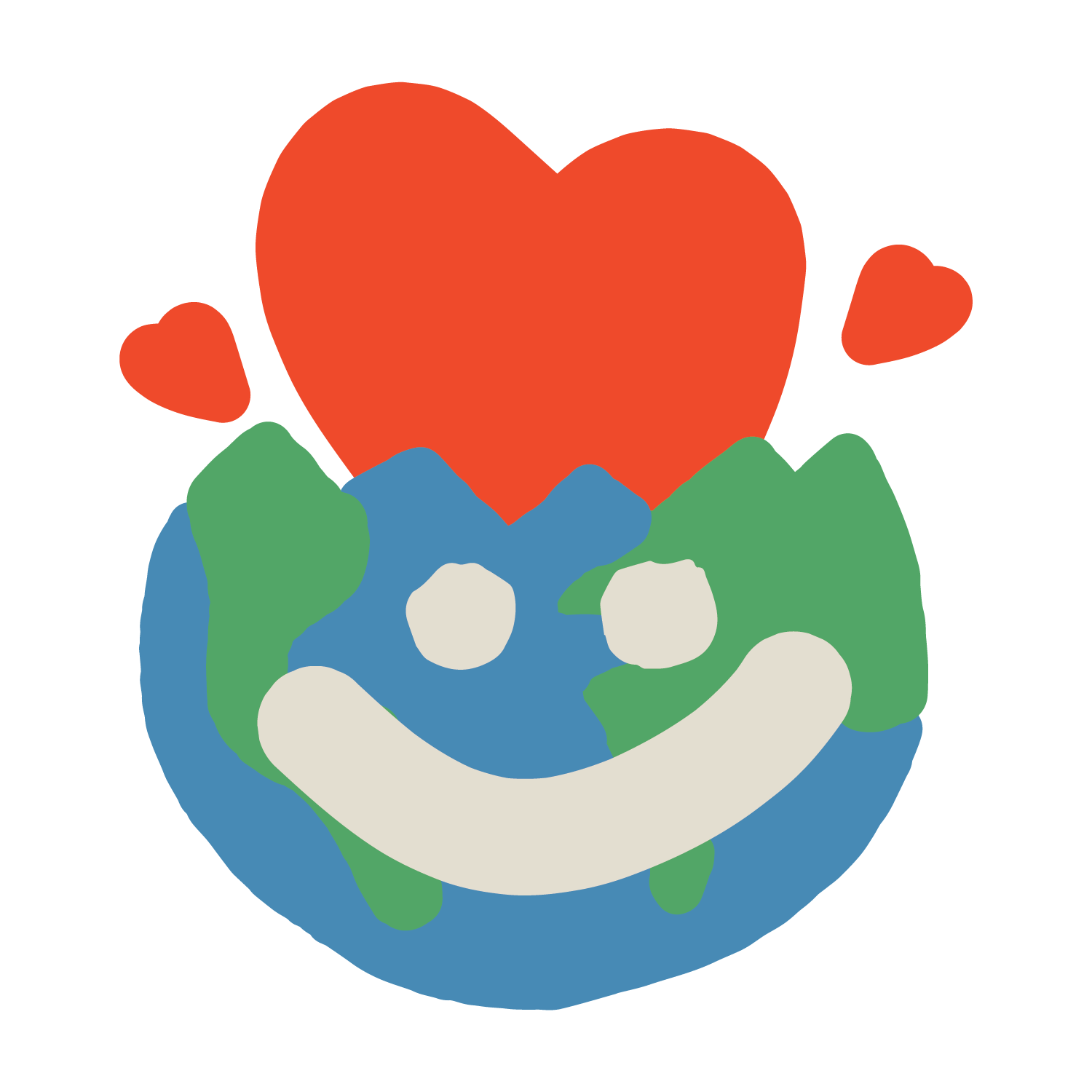 A cartoon image of the earth with a red heart breaking out of the top of it with a white smiley face on the earth.