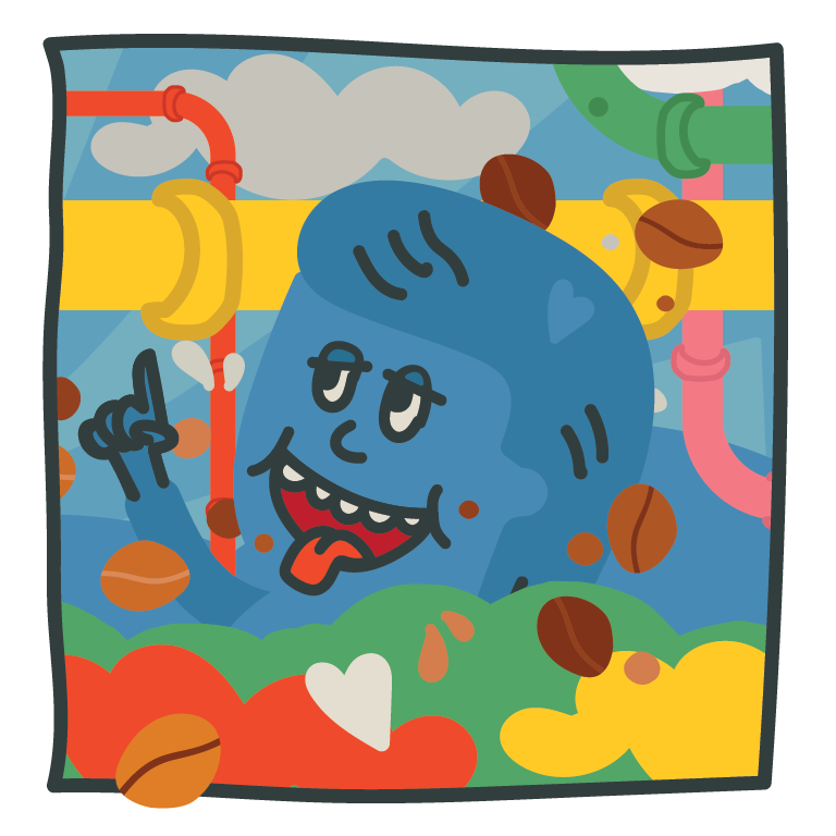 The decaf coffee club character Otto on a colourful background of pipes and coffee beans.