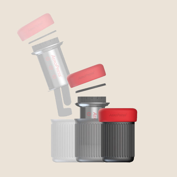 The aeropress go travel set shown compact and exploded out so you can see all the components