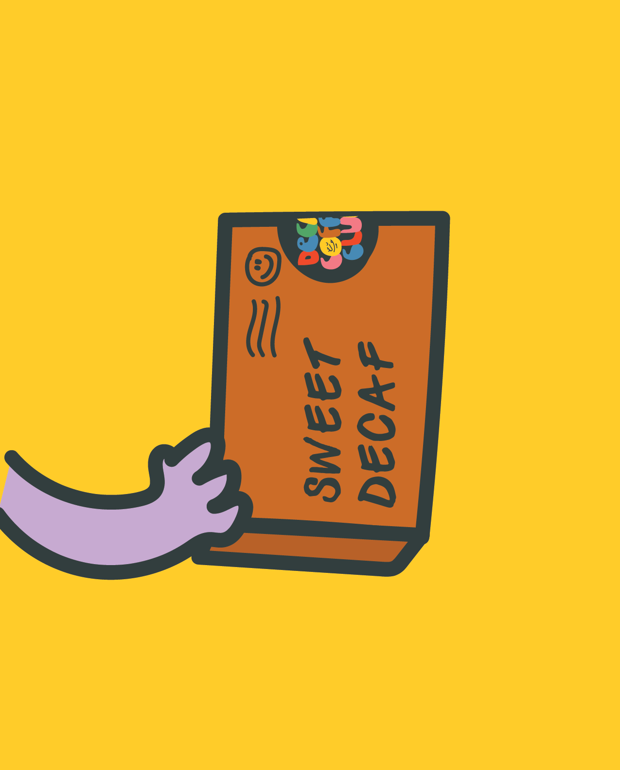 A purple cartoon arm holding a brown box with the words sweet decaf written on it, and a Decaf Coffee Club sticker sealing the box.