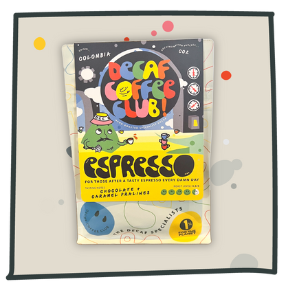 A picture of the espresso one decaf coffee bag on a grey background.