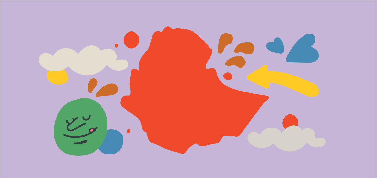 A cartoon image of Ethiopia surrounded by clouds, hearts, spots and a green smiley face.
