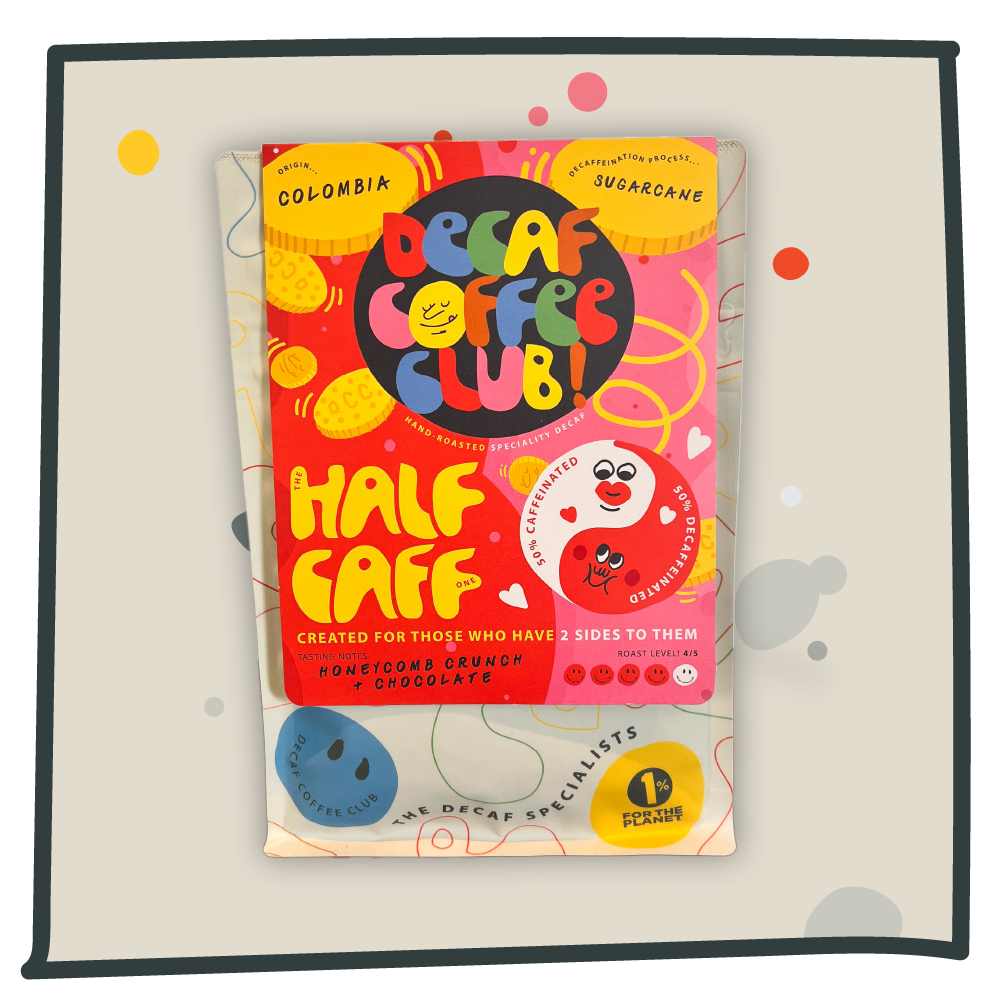 A photo of the half caff coffee bag on a grey cartoon background.