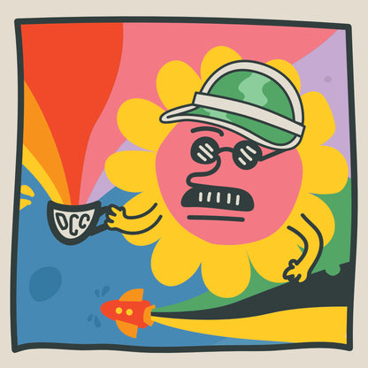The decaf coffee club character Laurence, wearing green visor, holding a DCC espresso cup with rainbows coming out of it.