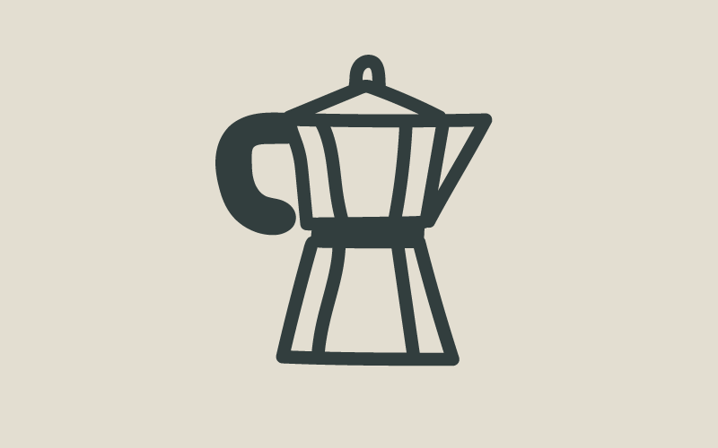 A cartoon image of a moka pot used for making coffee