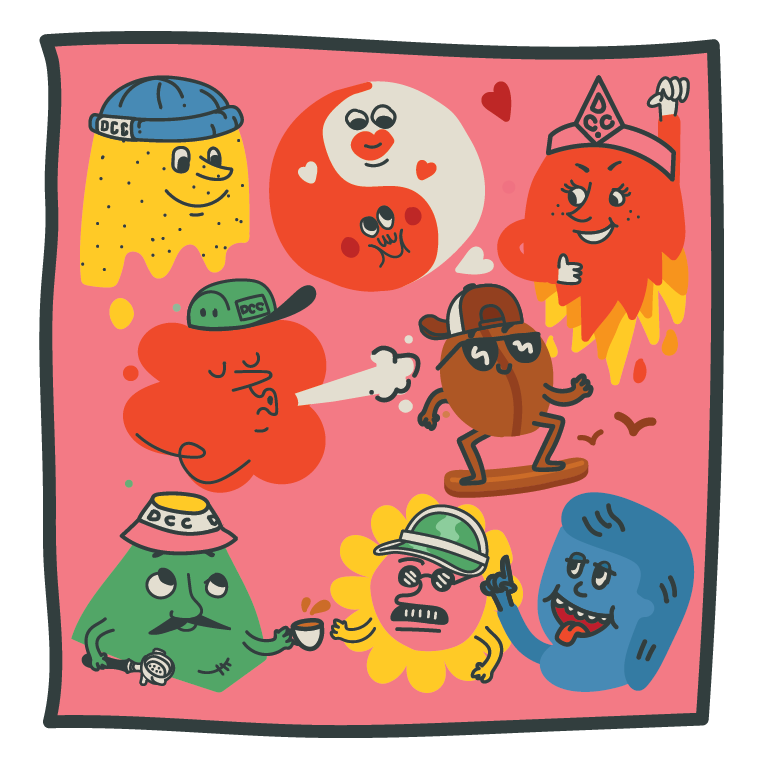 All of the decaf coffee club characters on a pink backround.